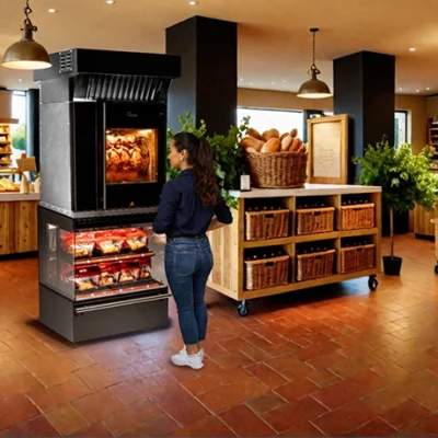 Customer at a deli looking at the roasting chicken in a Fri-Jado Space Saver.