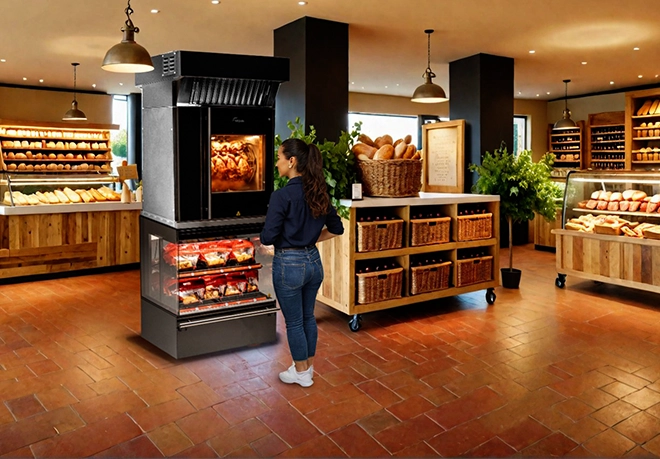 Customer at a deli looking at the roasting chicken in a Fri-Jado Space Saver.